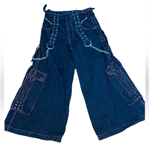 Tripp USA unisex size small skater wide leg high rise black‎ denim orange stitch